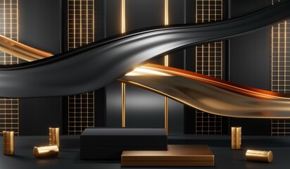 Fototapeta premium 3D rendering of blank product background for cream cosmetics Modern black podium background