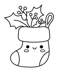 Vector black and white kawaii stocking with holly leaves and berries. Cute Christmas hanging sock illustration isolated on white background. New Year or winter line icon, coloring page.
