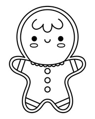 Vector black and white kawaii gingerbread man. Cute Christmas biscuit character illustration isolated on white background. New Year or winter smiling cookie man. Funny line icon, coloring page.
