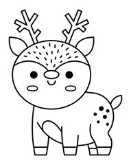 Vector black and white kawaii deer. Cute Christmas animal character illustration isolated on white background. New Year or winter smiling little reindeer. Funny line icon, coloring page.