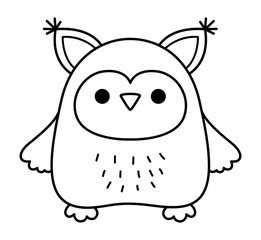 Vector black and white kawaii owl. Cute woodland animal character illustration isolated on white background. Christmas or winter smiling forest bird. Funny line icon, coloring page.