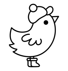 Vector black and white kawaii bird in hat and boots. Cute Christmas animal character in warm clothes isolated on white background. New Year or winter illustration. Funny line icon, coloring page.