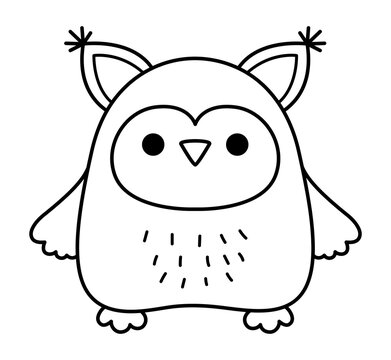 Vector black and white kawaii owl. Cute woodland animal character illustration isolated on white background. Christmas or winter smiling forest bird. Funny line icon, coloring page.