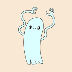 Happy retro dancing ghost. Groovy hippie Halloween illustration. Template for sticker, poster and t shirt