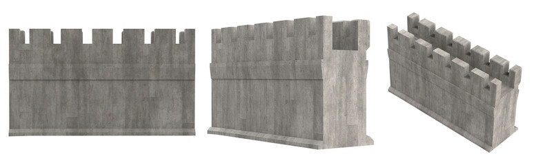 Isolated 3d render illustration of medieval castle or fortress wall in various angles.