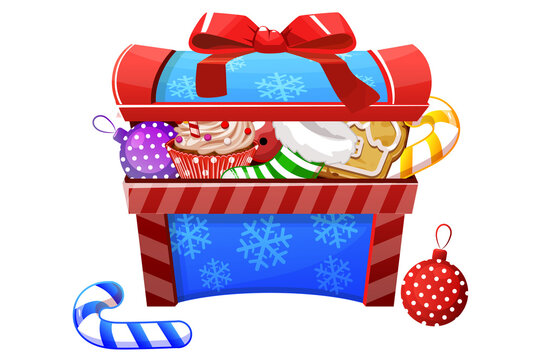 recommend clip art: Christmas chest with candy and toy gifts for graphic design. Box with New Year snowflake for ui.