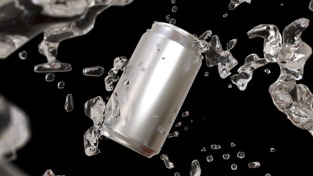 Fresh water fresh splash around metallic can with 3d rendering.Visual effect simulation illustration conceptual.