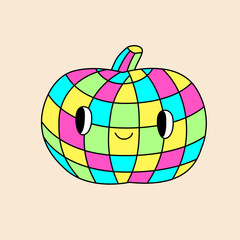 Pumpkin disco ball. Hippie halloween retro style illustration for 31th October