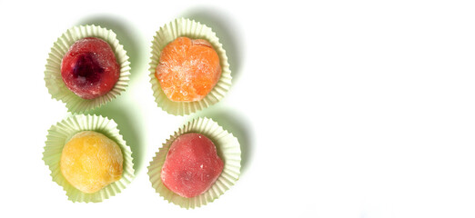 Mochi in package, asian dessert, rice cakes, sweets delivery, traditional new year treat on white background.