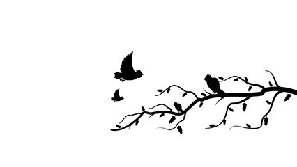 Abstract Black Line Tree Branch With Birds Wings Vector Icon Nature Design Style Decoration Cartoon Background Isolated