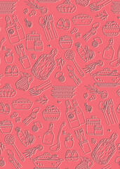 Food and kitchen utensils on pink background seamless pattern