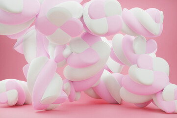 Falling pastel big pink marshmallow twists on a pink background.Sweet 3D illustration
