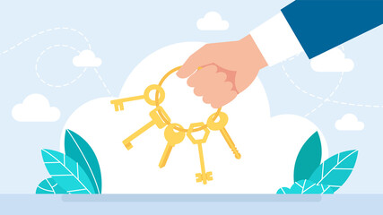 A businessman holds a bunch of keys with the ring for locks in his hand. Key set. Bunch of keys. Rental or sale. The concept of privacy, security, protection. Flat style. Business illustration.