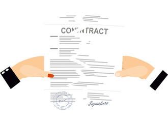 Bussiness men and women Hands tearing apart a contract sheet of paper. Flat style
