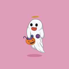 Illustration of cute ghost on halloween carrying candy basket with cartoon icon style
