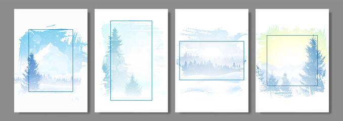 Winter landscapes set. Snowy background. Snowdrifts. Snowfall. Clear blue sky. Blizzard. Snowy weather. Design for brochure, magazine, flyer, booklet, poster, book, cover. Flat illustration.