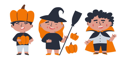 Children in Halloween costumes. Vector characters and icons for Halloween in cartoon style. Traditional Halloween elements. Children in Halloween costumes. Boo!