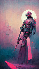 Naklejka premium Pink robot warrior futuristic illustration