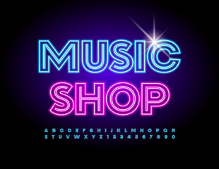 Vector bright emblem Music Stop. Neon light Alphabet Letters and Numbers set. Artistic glowing Font. 