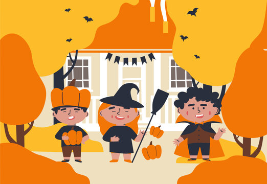 Happy Halloween banner or party invitation. Kids with moon, bats and pumpkins in paper flat style. Cartoon background illustration. 