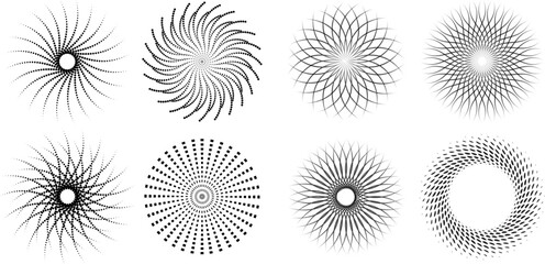 Set of lines in Circle Form. Spiral Vector Illustration.  Collection of round Logos. Design element. Abstract Geometric circular shapes. Rotating radial lines collection. Concentric circles
