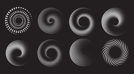 Design spiral dots backdrop. Abstract monochrome background. Vector-art illustration. No gradient, Trendy design element for frame, round logo, sign, symbol, web, prints, posters, template, pattern - obrazy, fototapety, plakaty