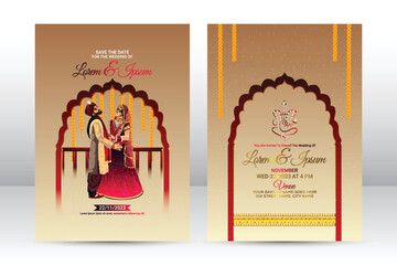 Indian wedding invitation card, with vector illustration of indian couple