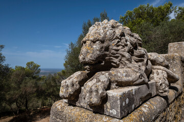 Fototapeta na wymiar lion in Christ the King monument, Sanctuary of the Mare de Déu de Sant Salvador, XIV century., Felanitx, Majorca, Balearic Islands, Spain