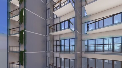 Architectural visualization of a high rise building with trellis watercolor sketch effect