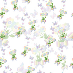 spring theme - seamless pattern vector with daisy flowers and butterflies - white background