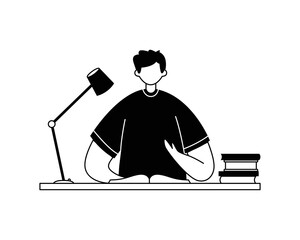 Vector illustration of a student doing homework at a table with books. Profession.