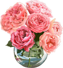 Digital Watercolor painting Vase of various beatiful pink roses. Semi realistic illustration art style for Graphic design such as templates element decorations.