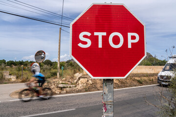 mandatory stop traffic sign, road from Algaida to Llucmajor, Majorca, Balearic Islands, Spain