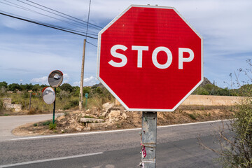 mandatory stop traffic sign, road from Algaida to Llucmajor, Majorca, Balearic Islands, Spain