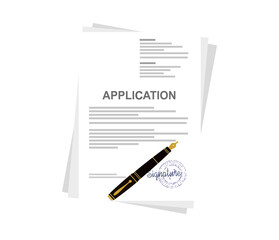 application documents with stamp and pen