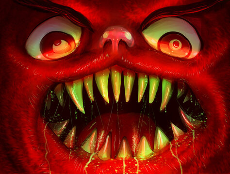 Horror artwork illustration of scary red colored monster face with sharp teeth.