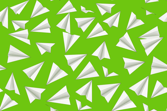 3d render artwork seamless artwork illustration of white colored paper planes pattern on green background.