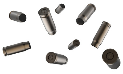 Isolated artwork illustration of various bullet or ammo shells falling on white background.