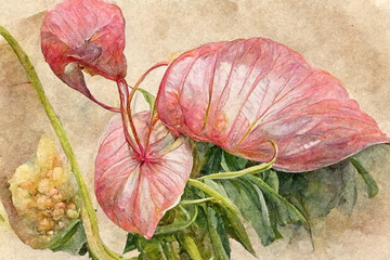 Vintage Watercolor Painting of Anthurium Flowers