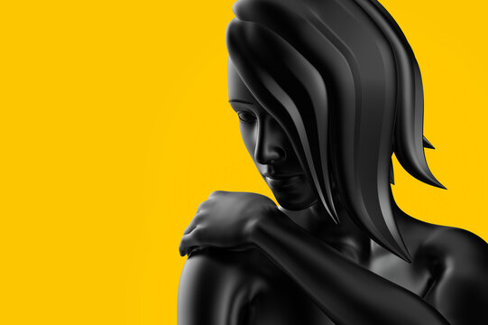3d render illustration of black toned girl fashion mannequin posing on yellow background.