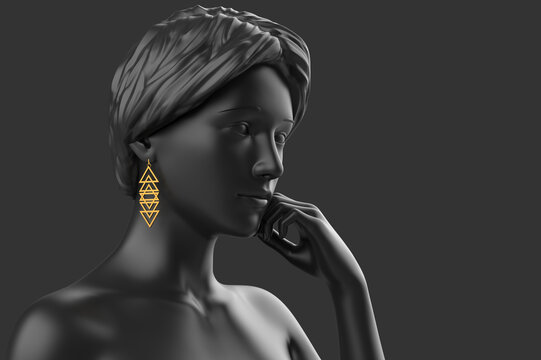 3d render illustration of black toned girl mannequin with golden geometric shaped earrings on dark gray background.