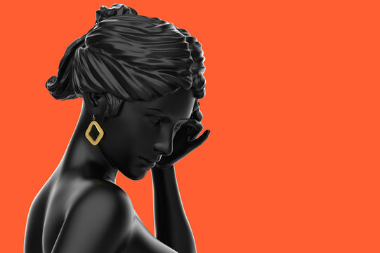3d render illustration of black toned girl mannequin with golden geometric shaped earrings on orange background.