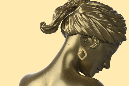 3d render illustration of golden toned girl mannequin with golden geometric shaped earrings on yellow background.