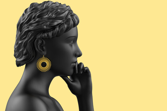 3d render illustration of black toned greek girl mannequin with golden geometric shaped earrings on yellow background.