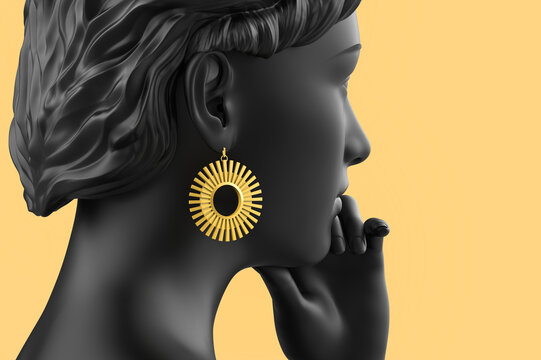 Close-up 3d render illustration of black toned girl mannequin with golden geometric shaped earrings on yellow background.