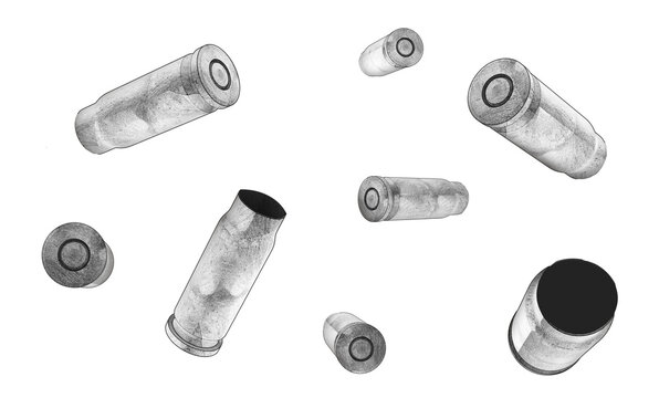 Isolated artwork illustration of various toon bullet or ammo shells falling on white background.