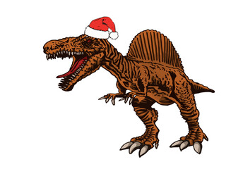Vector color spinosaurus in red Santa Claus hat  isolated on white,Christmas element for new year design