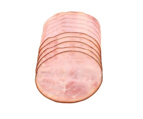 Row of smoked ham slices with round shape on white background
