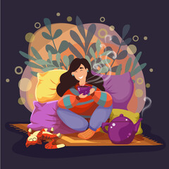 Girl drinking tea sitting on pillows with a cat