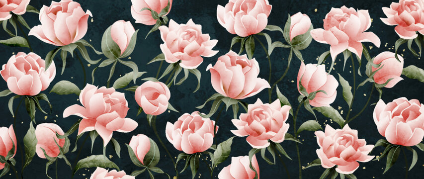 Botanical dark art background with pink peony flowers in a watercolor style. Floral ink banner for wallpaper design, print, decor, packaging, textile, invitations.
